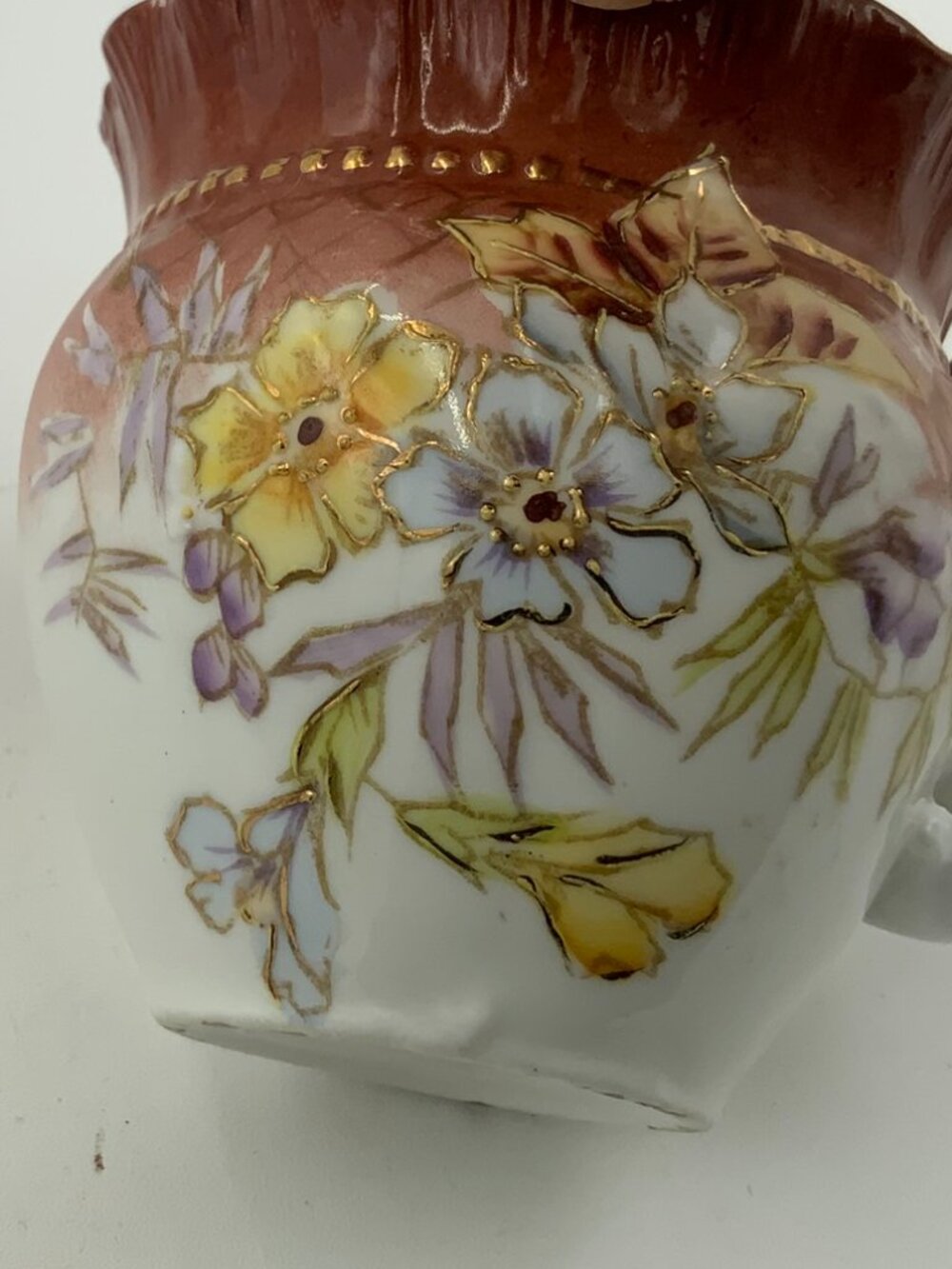 Antique Hand Painted Floral Porcelain Pitcher Ruffled Edge Gold Accents